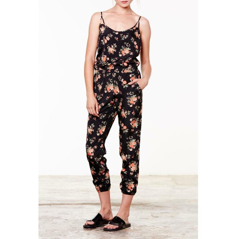 Black Floral Satin Jumpsuit M Medium Sleeveless Jogger Pant Women's Romper - Picture 2 of 14